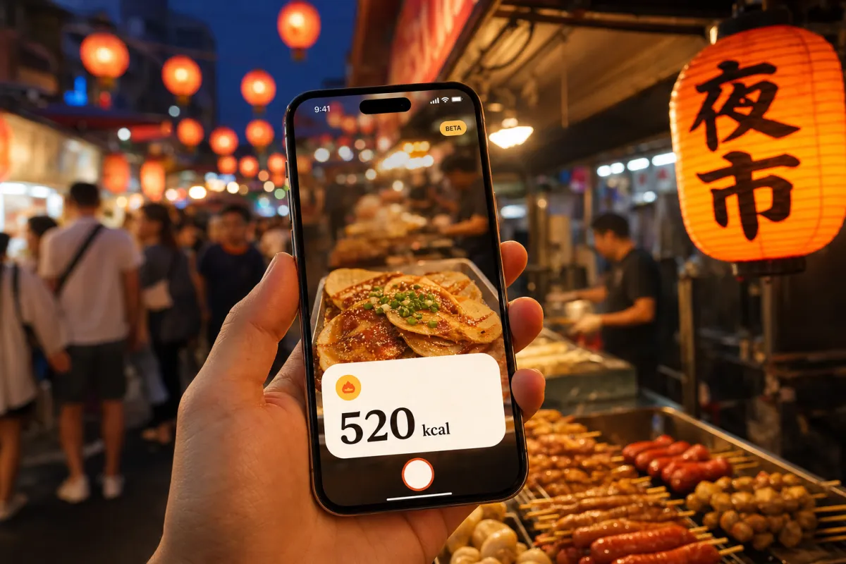 FoodLens concept — scanning a night-market meal and getting calories